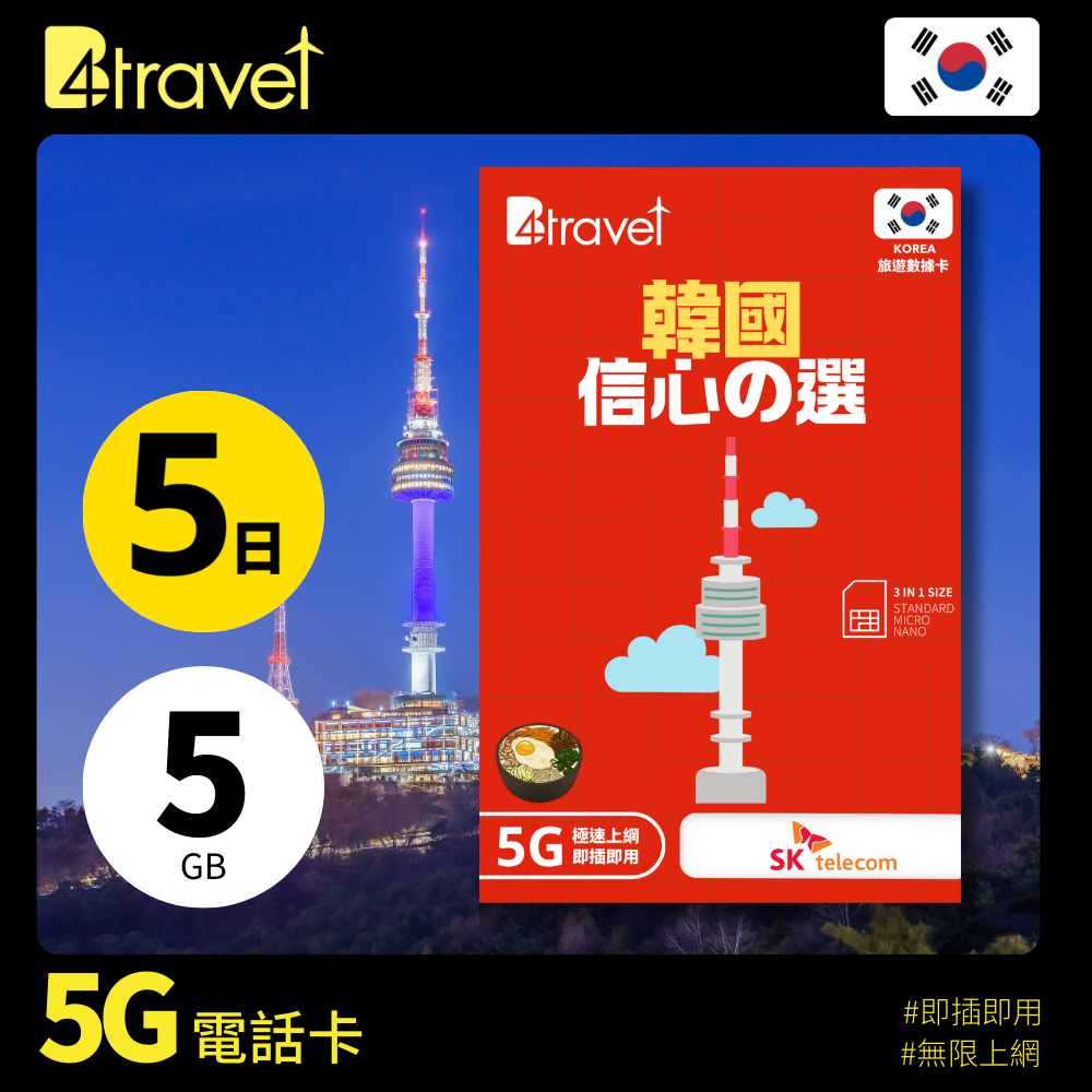 B4travel 韓國 5日 5GB 5G 無限上網卡正式發售